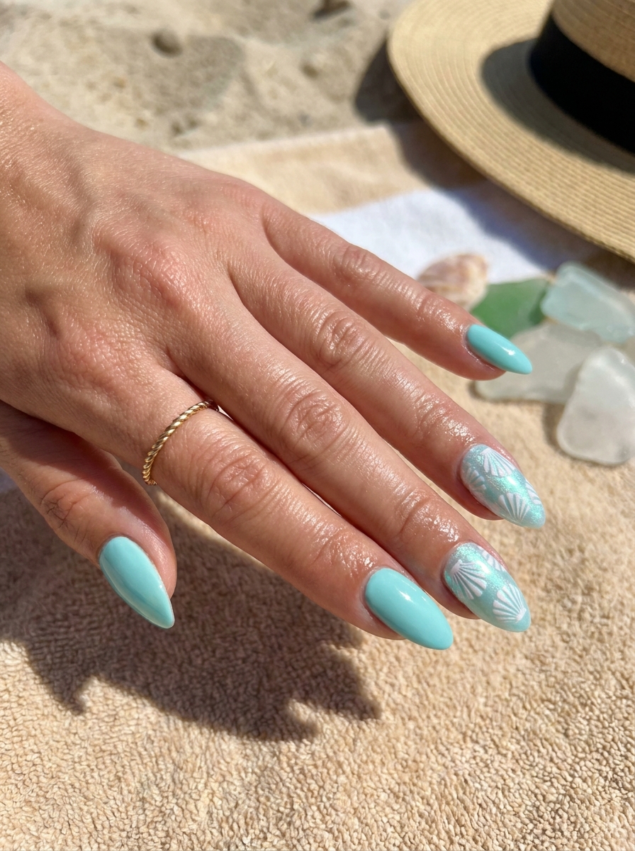 Turquoise Shell Accent Nails mit Türkis und Muschel-Akzenten